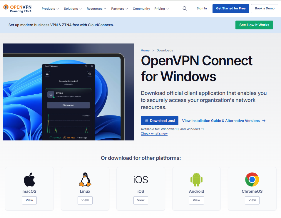 Официальная страница загрузки OpenVPN Connect